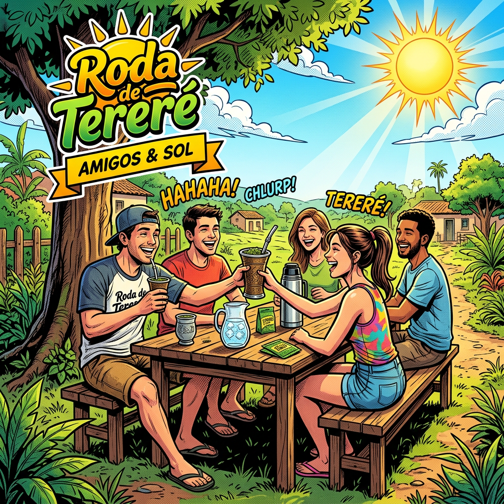 Five friends sharing tereré at a picnic table under a sunny sky