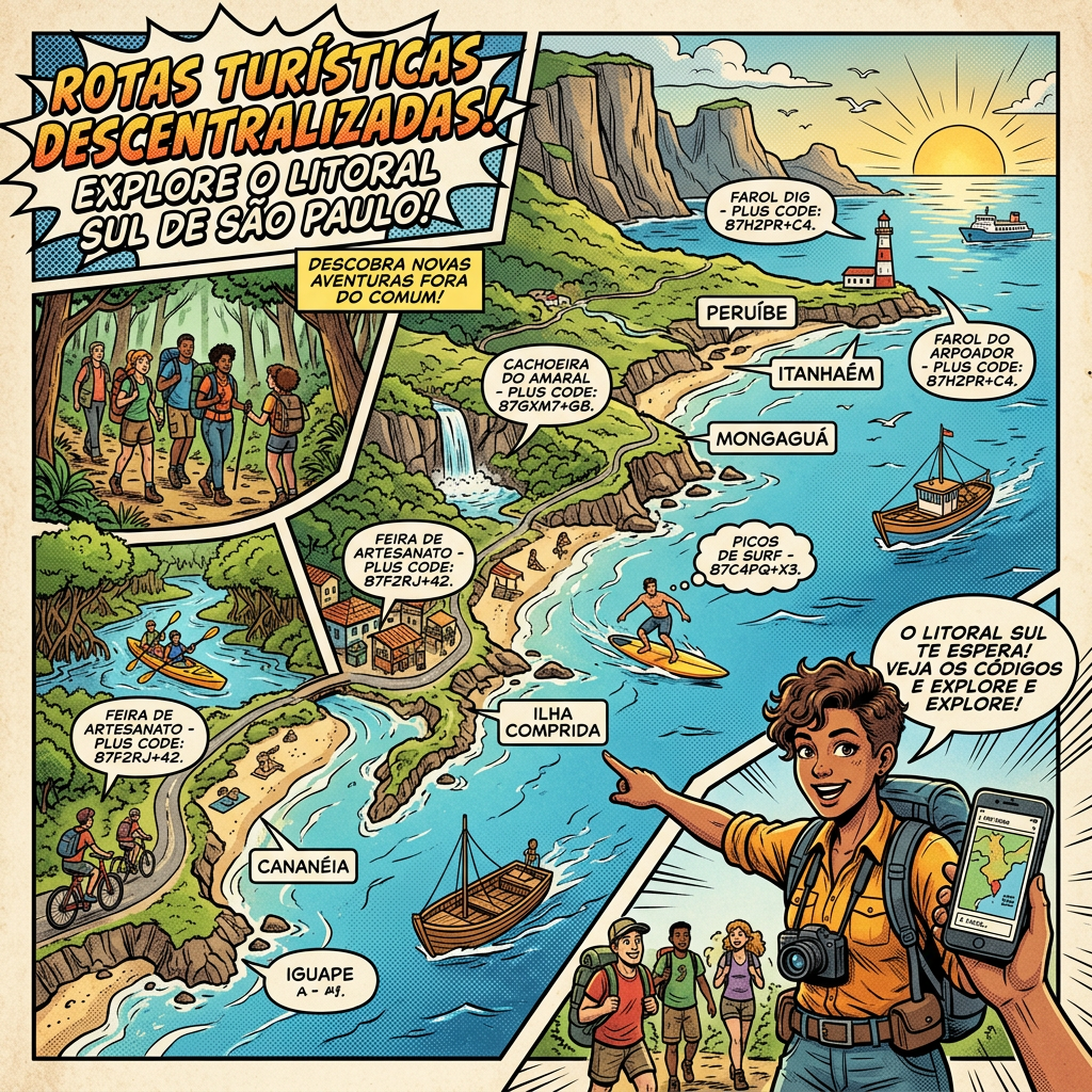 Comic map reading “Rotas Turísticas Descentralizadas! Explore o Litoral Sul de São Paulo!”