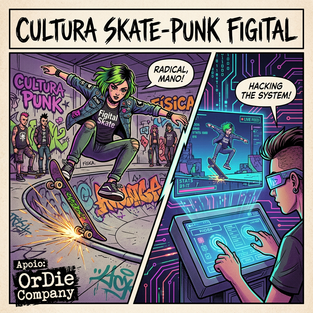 Poster text: CULTURA SKATE-PUNK DIGITAL; RADICAL, MANO!; HACKING THE SYSTEM!; FÍSICA; APOIO: OrDie Company; LIVE FEED; STATS.