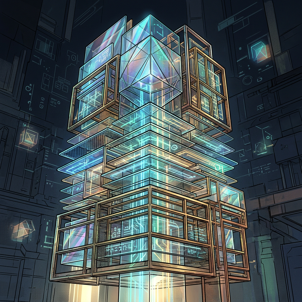 Luminous geometric tower with layered glass structures in a dark futuristic city