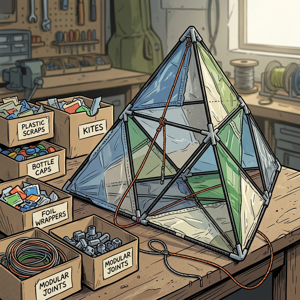 Modular kite beside labeled boxes: PLASTIC SCRAPS, KITES, BOTTLE CAPS, FOIL WRAPPERS, and MODULAR JOINTS.