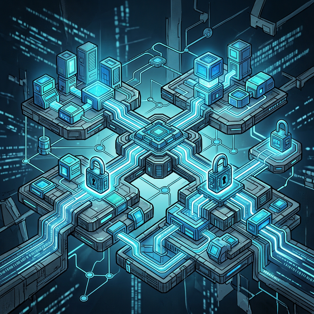 Futuristic network diagram with servers, glowing data paths, and padlock icons