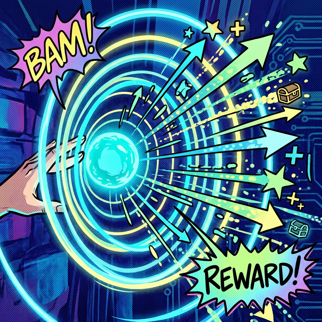 Comic-style graphic with BAM and REWARD text, arrows, stars, and treasure chests