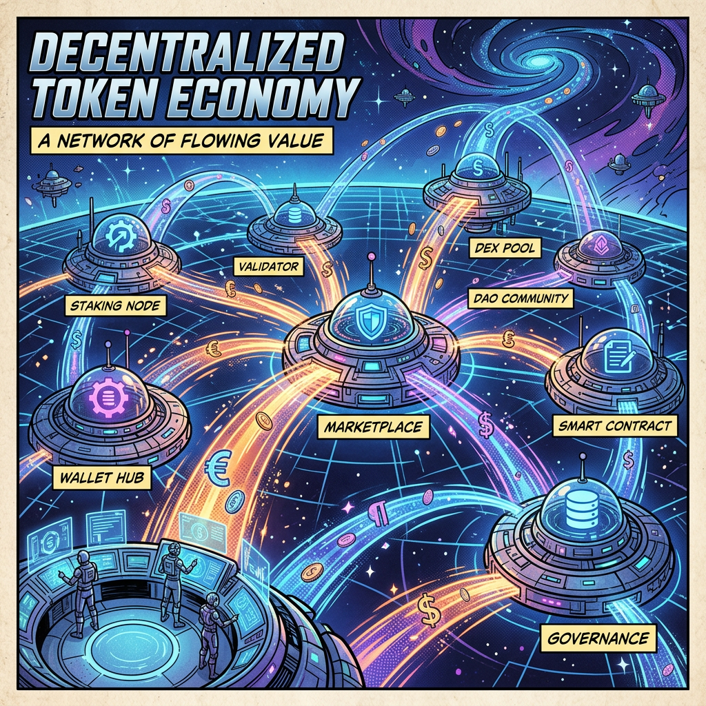 DECENTRALIZED TOKEN ECONOMY; A NETWORK OF FLOWING VALUE; STAKING NODE; VALIDATOR; DEX POOL; DAO COMMUNITY; WALLET HUB; MARKETPLACE; SMART CONTRACT; GOVERNANCE.